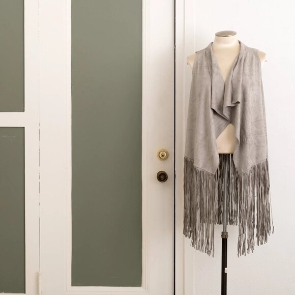 Jackets & Blazers - Faux Suede Fringe Vest: Gray Boho Cardigan Jacket